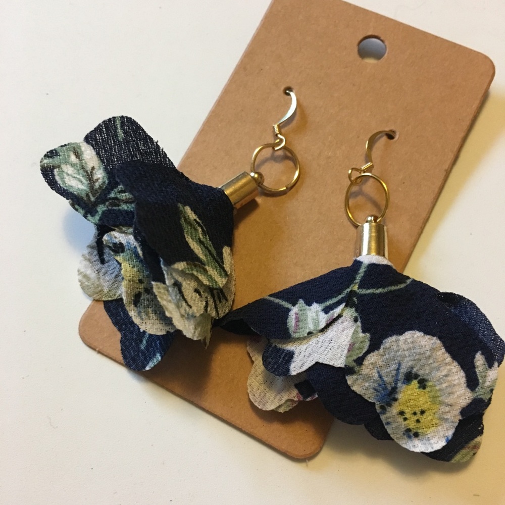 Navy Blue Floral Chiffon Earrings.